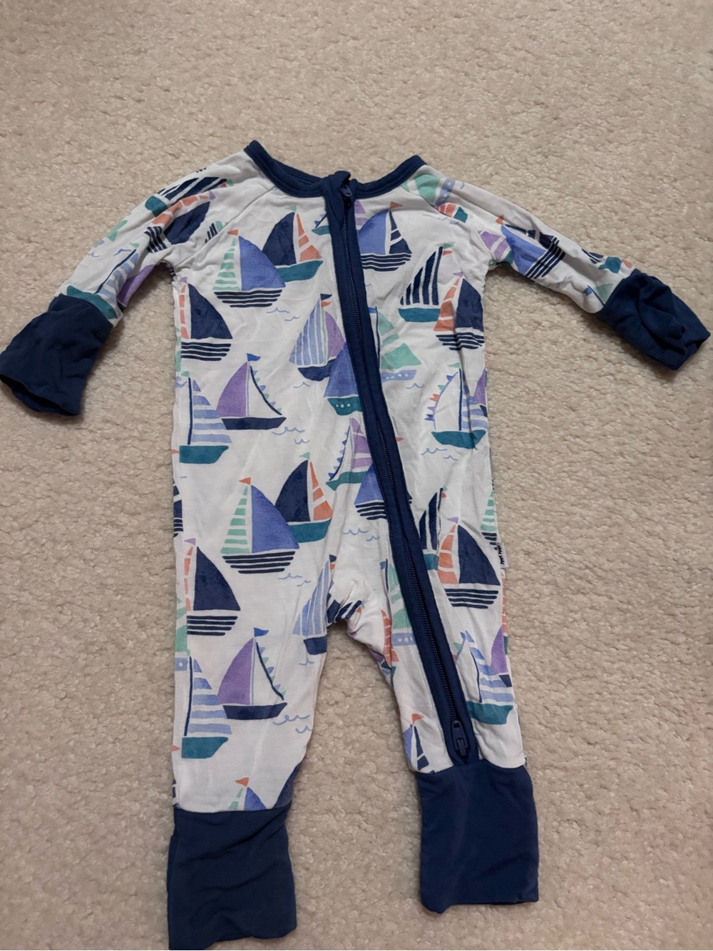 Little Sleepies White Sailboat Print Footie with Navy Trim